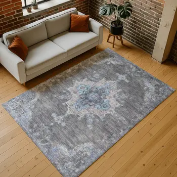 9' X 12' Graphite And Blue Medallion Washable Indoor Outdoor Area Rug