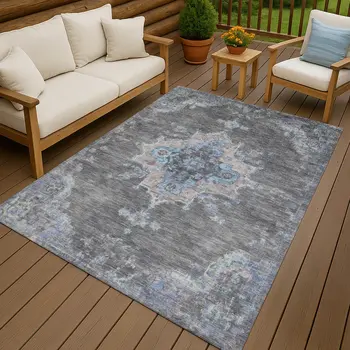 9' X 12' Graphite And Blue Medallion Washable Indoor Outdoor Area Rug