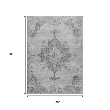 3' X 5' Gray And Silver Medallion Washable Indoor Outdoor Area Rug