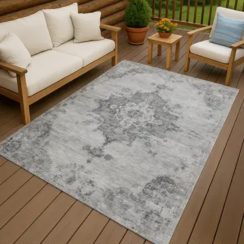 5' X 8' Gray And Silver Medallion Washable Indoor Outdoor Area Rug