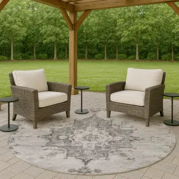 8' Gray And Silver Round Medallion Washable Indoor Outdoor Area Rug