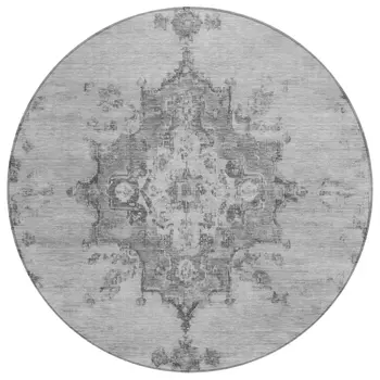 8' Gray And Silver Round Medallion Washable Indoor Outdoor Area Rug