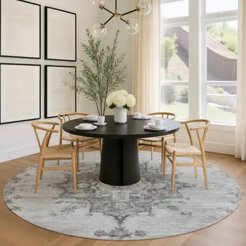 8' Gray And Silver Round Medallion Washable Indoor Outdoor Area Rug