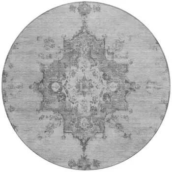 8' Gray And Silver Round Medallion Washable Indoor Outdoor Area Rug