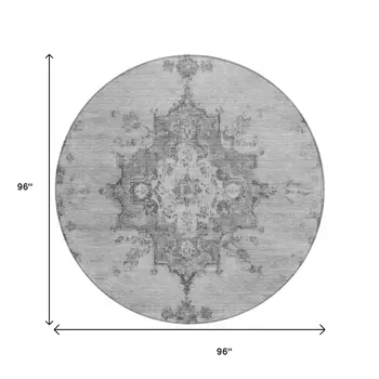 8' Gray And Silver Round Medallion Washable Indoor Outdoor Area Rug