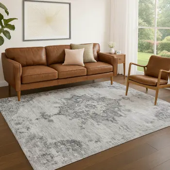8' X 10' Gray And Silver Medallion Washable Indoor Outdoor Area Rug
