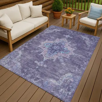 5' X 8' Purple And Blue Medallion Washable Indoor Outdoor Area Rug