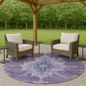 8' Purple And Blue Round Medallion Washable Indoor Outdoor Area Rug