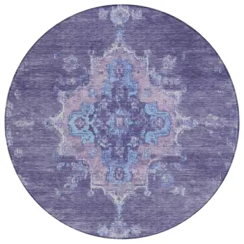 8' Purple And Blue Round Medallion Washable Indoor Outdoor Area Rug