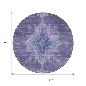 8' Purple And Blue Round Medallion Washable Indoor Outdoor Area Rug