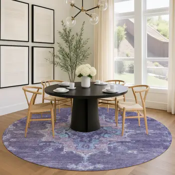 8' Purple And Blue Round Medallion Washable Indoor Outdoor Area Rug