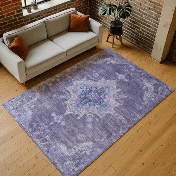9' X 12' Purple And Blue Medallion Washable Indoor Outdoor Area Rug