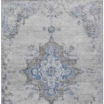 3' X 5' Silver And Blue Medallion Washable Indoor Outdoor Area Rug
