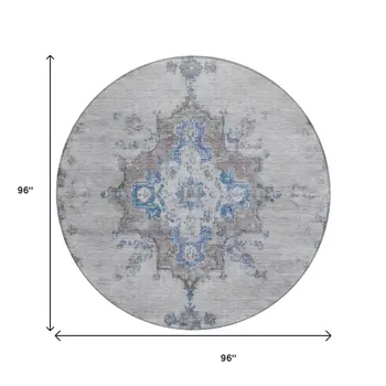 8' Silver And Blue Round Medallion Washable Indoor Outdoor Area Rug