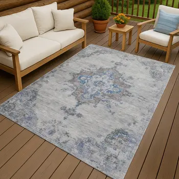 8' X 10' Silver And Blue Medallion Washable Indoor Outdoor Area Rug