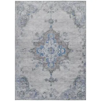 9' X 12' Silver And Blue Medallion Washable Indoor Outdoor Area Rug
