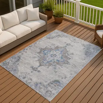 9' X 12' Silver And Blue Medallion Washable Indoor Outdoor Area Rug