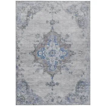 9' X 12' Silver And Blue Medallion Washable Indoor Outdoor Area Rug