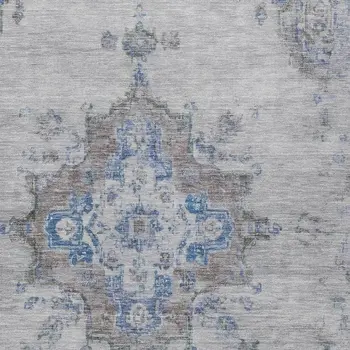 9' X 12' Silver And Blue Medallion Washable Indoor Outdoor Area Rug