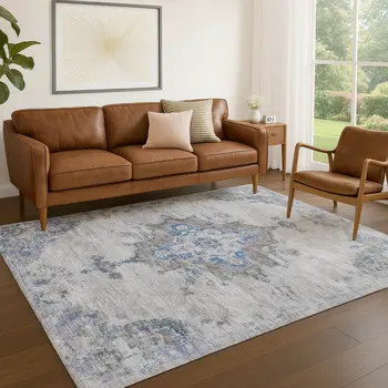 9' X 12' Silver And Blue Medallion Washable Indoor Outdoor Area Rug