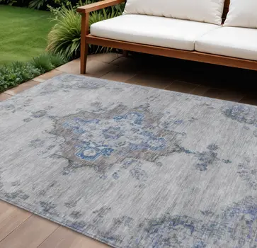 10' X 14' Silver And Blue Medallion Washable Indoor Outdoor Area Rug