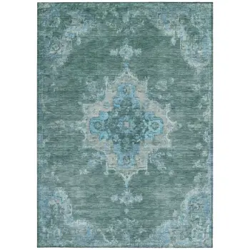 3' X 5' Teal Blue And Gray Medallion Washable Indoor Outdoor Area Rug