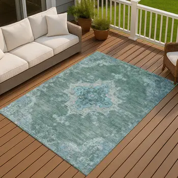 3' X 5' Teal Blue And Gray Medallion Washable Indoor Outdoor Area Rug