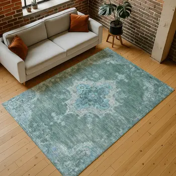 3' X 5' Teal Blue And Gray Medallion Washable Indoor Outdoor Area Rug