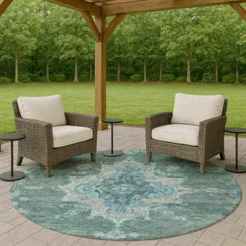 8' Teal Blue And Gray Round Medallion Washable Indoor Outdoor Area Rug
