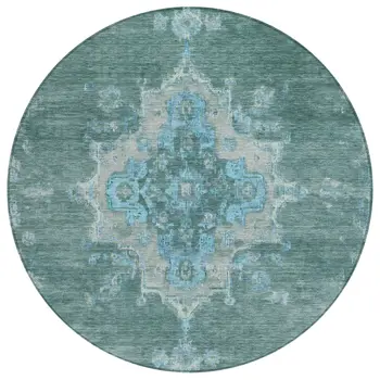 8' Teal Blue And Gray Round Medallion Washable Indoor Outdoor Area Rug