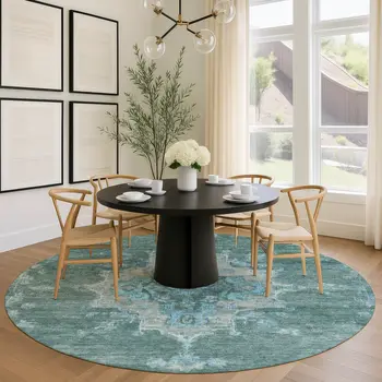 8' Teal Blue And Gray Round Medallion Washable Indoor Outdoor Area Rug
