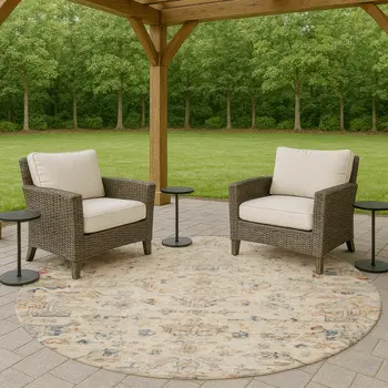 8' Beige And Gray Round Medallion Washable Indoor Outdoor Area Rug