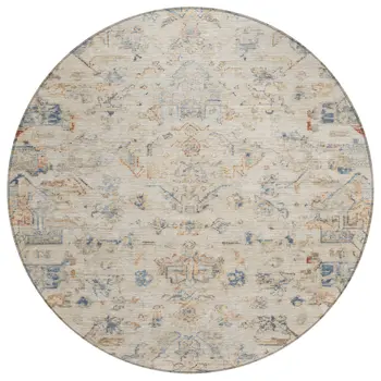 8' Beige And Gray Round Medallion Washable Indoor Outdoor Area Rug