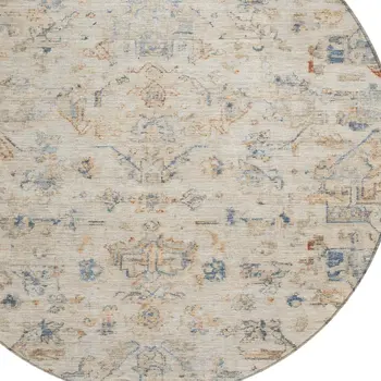 8' Beige And Gray Round Medallion Washable Indoor Outdoor Area Rug