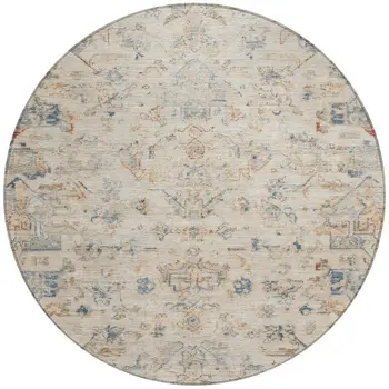 8' Beige And Gray Round Medallion Washable Indoor Outdoor Area Rug