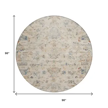8' Beige And Gray Round Medallion Washable Indoor Outdoor Area Rug