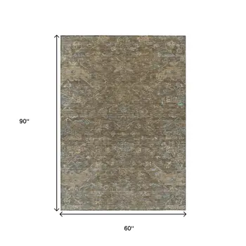 5' X 8' Brown And Blue Medallion Washable Indoor Outdoor Area Rug