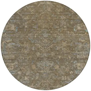 8' Brown And Blue Round Medallion Washable Indoor Outdoor Area Rug