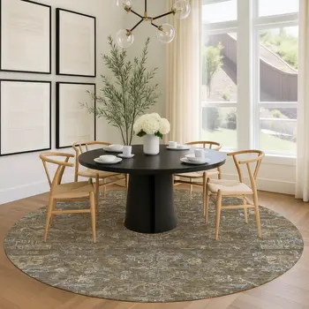 8' Brown And Blue Round Medallion Washable Indoor Outdoor Area Rug