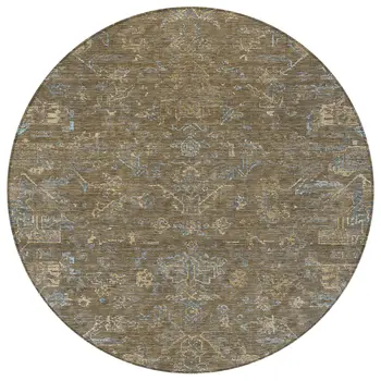 8' Brown And Blue Round Medallion Washable Indoor Outdoor Area Rug