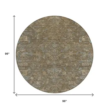8' Brown And Blue Round Medallion Washable Indoor Outdoor Area Rug