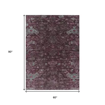 5' X 8' Burgundy And Gray Medallion Washable Indoor Outdoor Area Rug