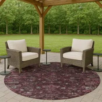 8' Burgundy And Gray Round Medallion Washable Indoor Outdoor Area Rug
