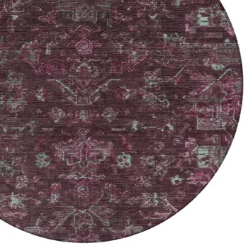 8' Burgundy And Gray Round Medallion Washable Indoor Outdoor Area Rug