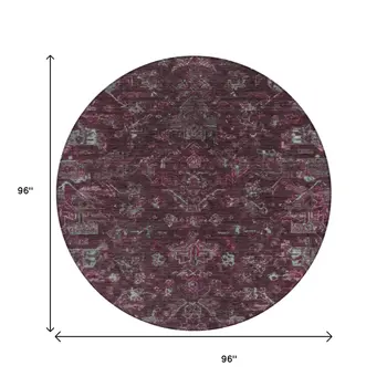 8' Burgundy And Gray Round Medallion Washable Indoor Outdoor Area Rug