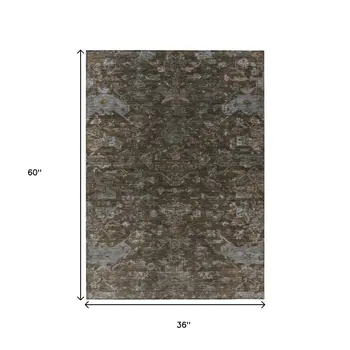 3' X 5' Chocolate And Gray Medallion Washable Indoor Outdoor Area Rug