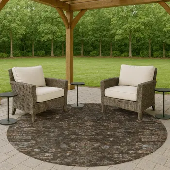 8' Chocolate And Gray Round Medallion Washable Indoor Outdoor Area Rug