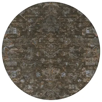 8' Chocolate And Gray Round Medallion Washable Indoor Outdoor Area Rug