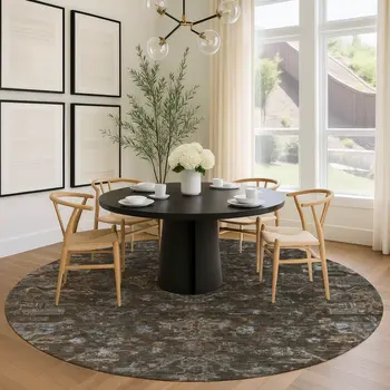 8' Chocolate And Gray Round Medallion Washable Indoor Outdoor Area Rug