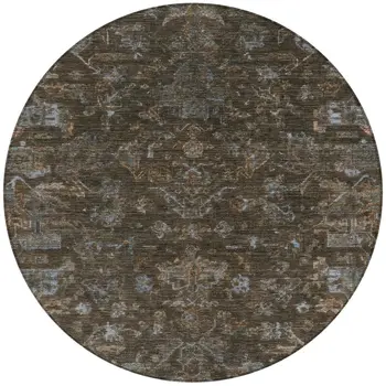 8' Chocolate And Gray Round Medallion Washable Indoor Outdoor Area Rug